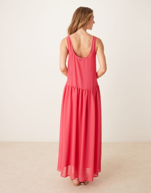 ASOS DESIGN dropped waist chiffon maxi dress in bright pink, 4 of 4
