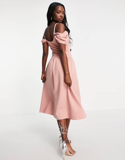 ASOS DESIGN bare shoulder prom midi dress in rose