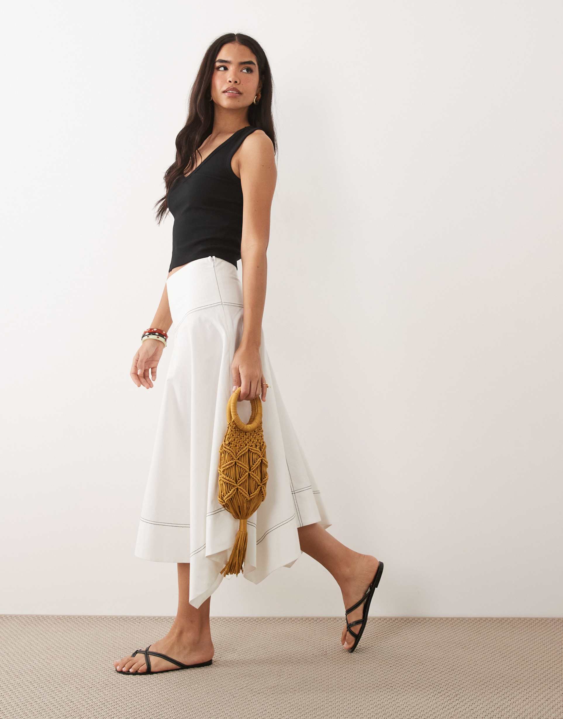 asos design dropped waist contrast stitch volume midi skirt