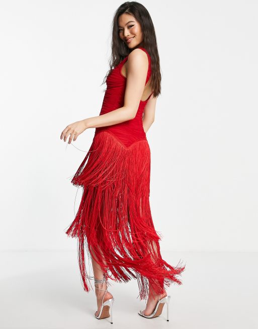 MANGO Fringed Midi Dress in Red