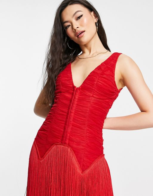 ASOS DESIGN two-piece with fringe in red