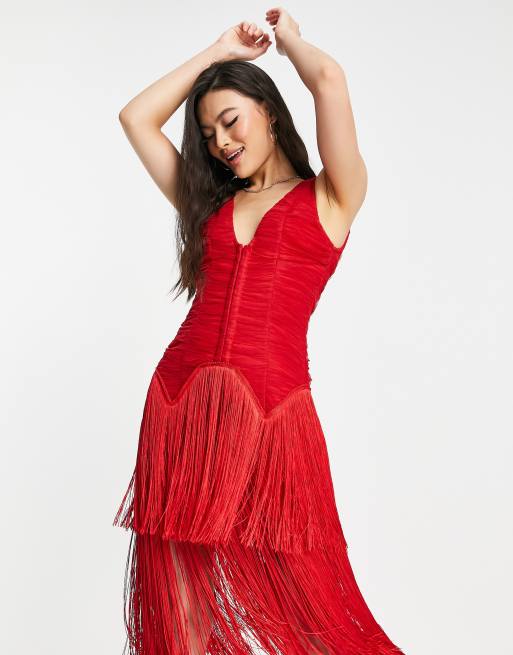 ASOS DESIGN two-piece with fringe in red