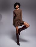 [ASOS DESIGN] ASOS DESIGN dropped waist cosy supersoft long sleeve mini dress in brown-Grey XS BROWN