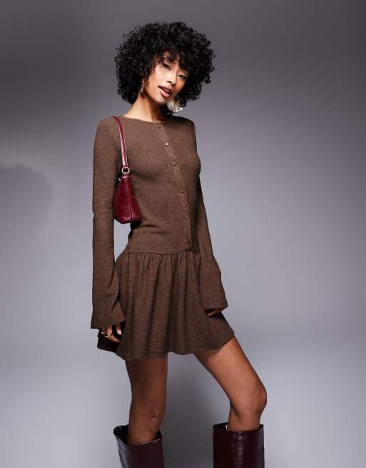 ASOS DESIGN dropped waist cosy supersoft long sleeve mini dress in brown