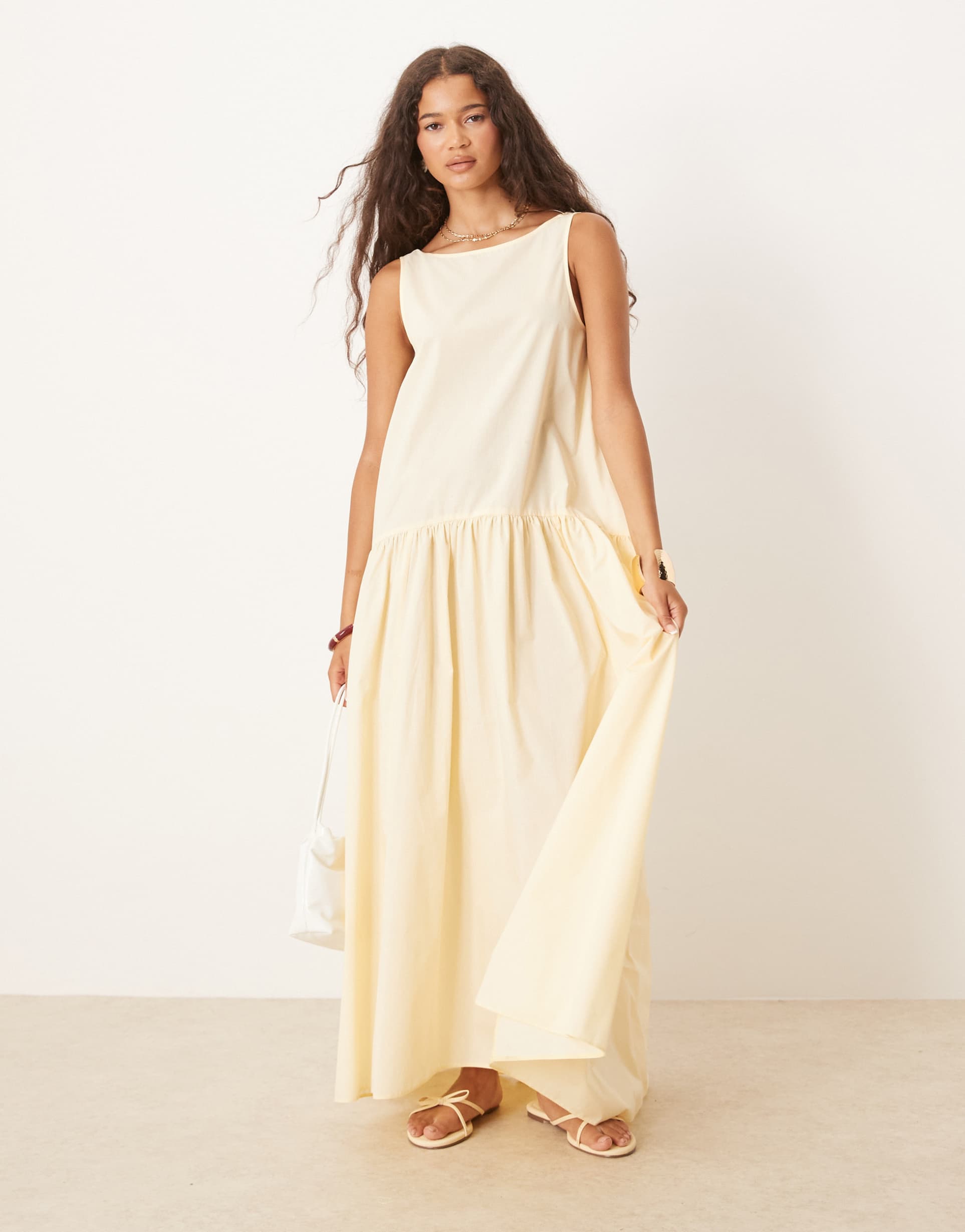 asos design dropped waist cotton maxi dress in buttermilk