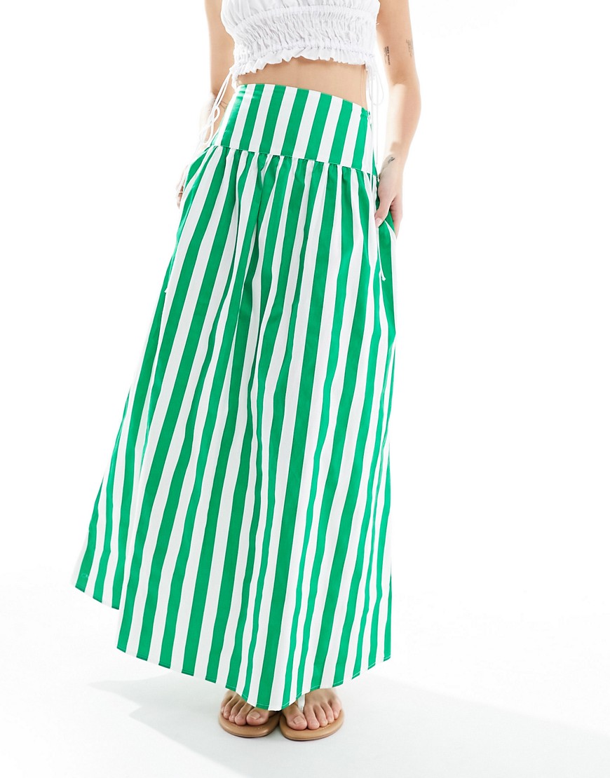 ASOS DESIGN dropped waist cotton poplin maxi skirt in green stripe-Multi