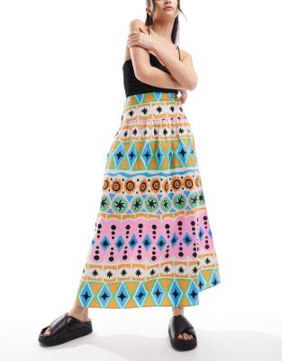 dropped waist cotton poplin maxi skirt in print-Multi