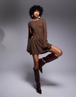ASOS DESIGN dropped waist cozy supersoft long sleeve mini dress in brown-Gray