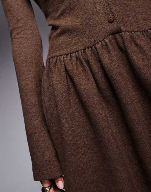 ASOS DESIGN dropped waist cosy supersoft long sleeve mini dress in brown