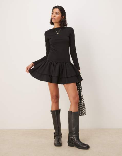 ASOS DESIGN dropped waist double frill poplin mix mini dress in black - view 1