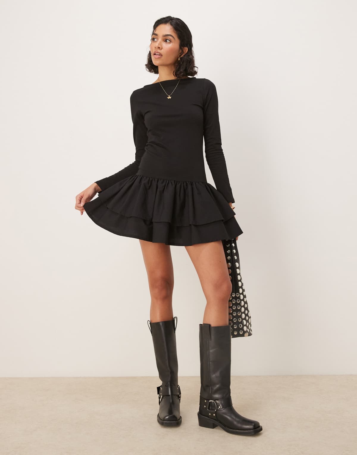 ASOS DESIGN dropped waist double frill poplin mix mini dress in black