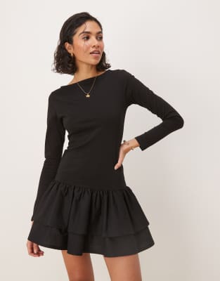 Asos Design Dropped Waist Double Frill Poplin Mix Mini Dress In Black