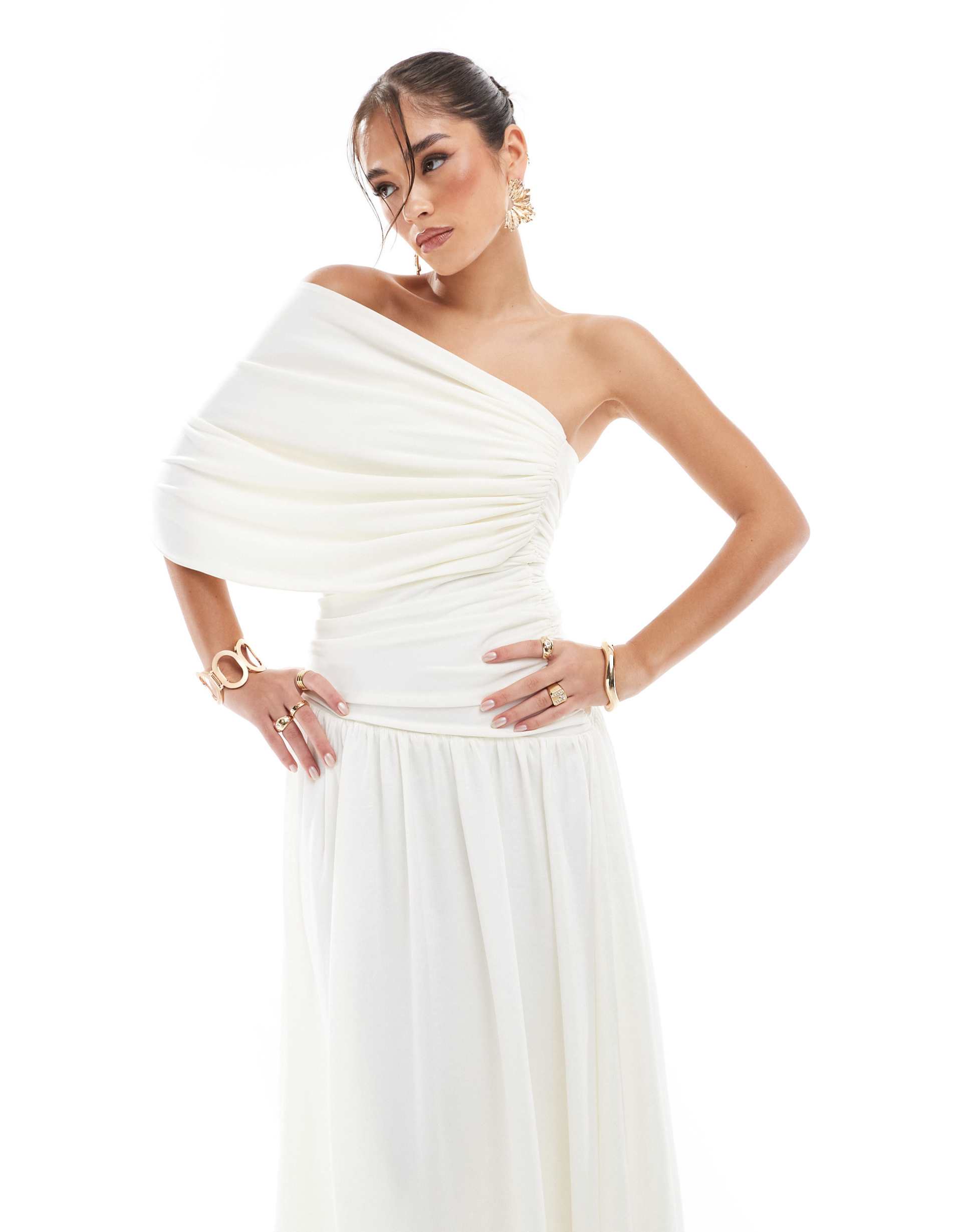 asos design dropped waist draped jersey hybrid maxi dress with satin skirt in cream