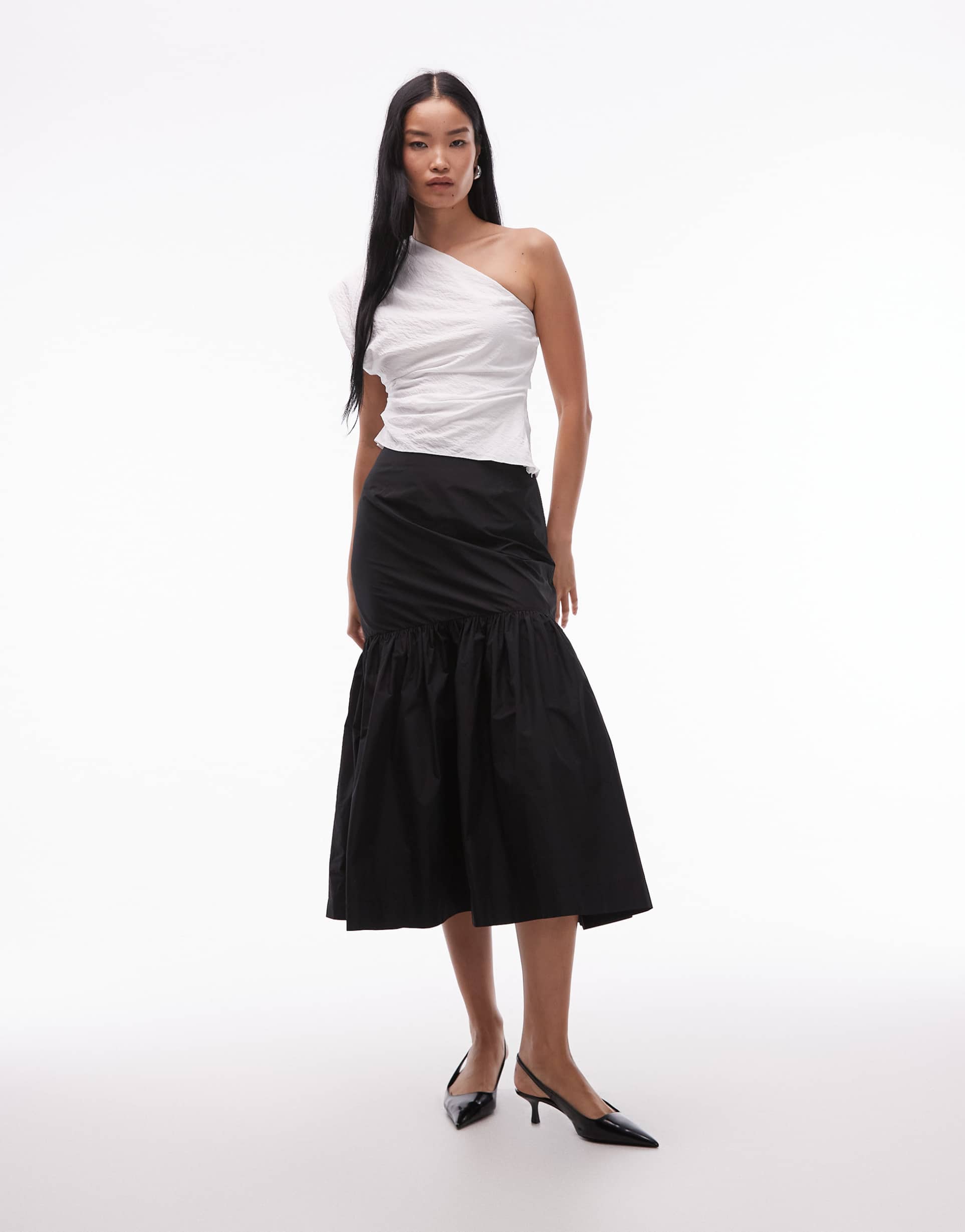 asos design dropped waist fishtail midi skirt in black