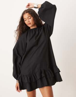 dropped waist frill detail mini dress with lace trim in black