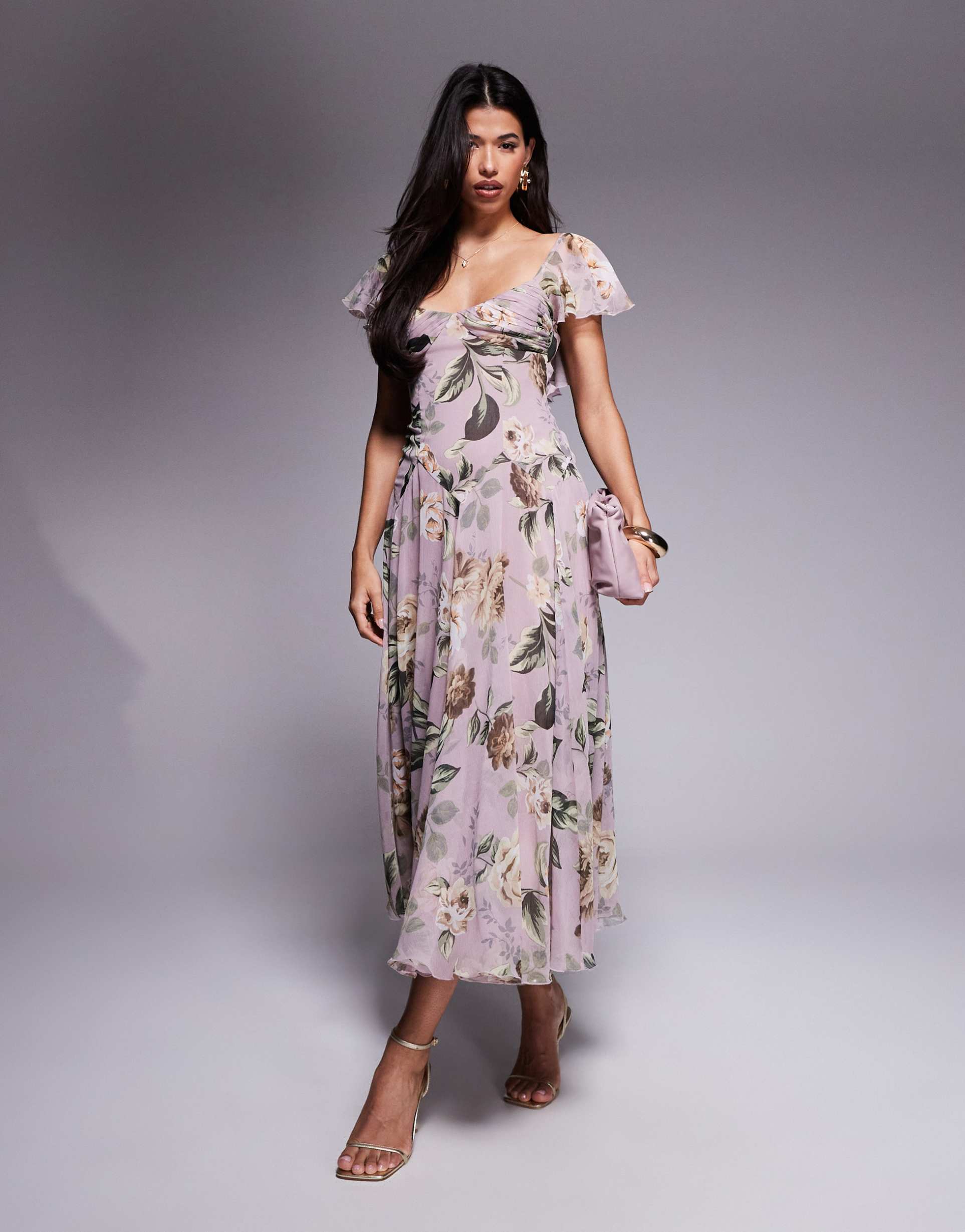 asos design dropped waist full skirt midi dress in lilac vintage floral print