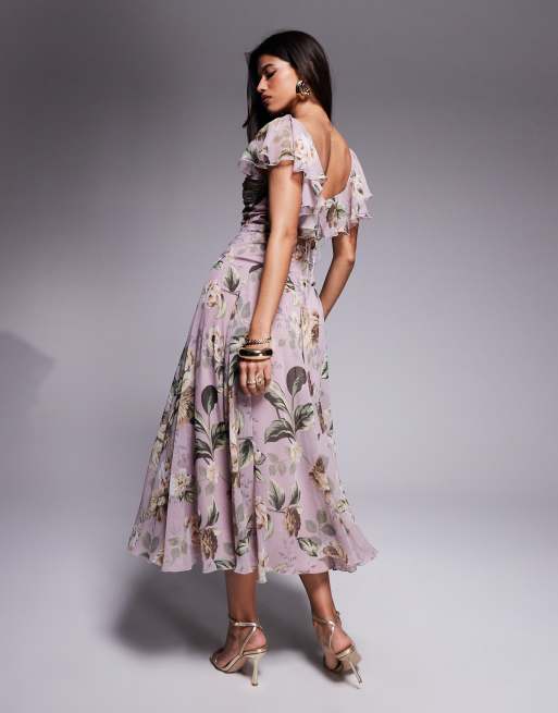 ASOS DESIGN dropped waist full skirt midi dress in lilac vintage floral print