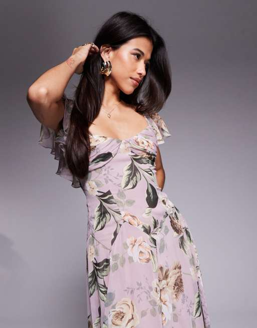 ASOS DESIGN dropped waist full skirt midi dress in lilac vintage floral print