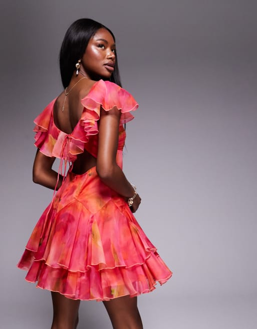ASOS DESIGN dropped waist full skirt mini dress in blurred abstract print