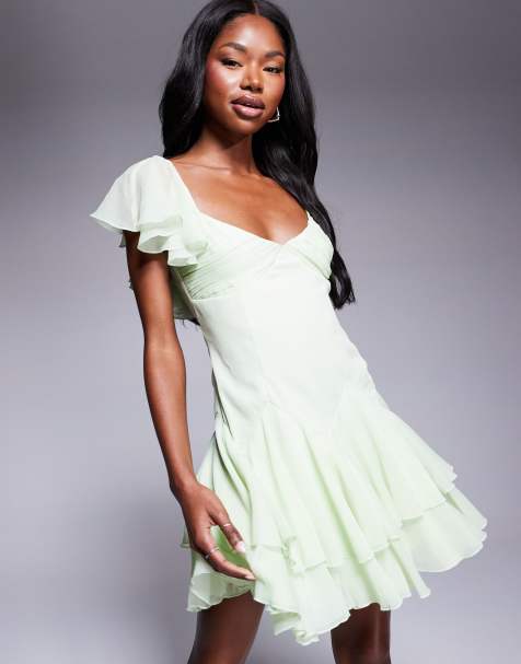 ASOS DESIGN dropped waist full skirt mini dress in sage green - view 1