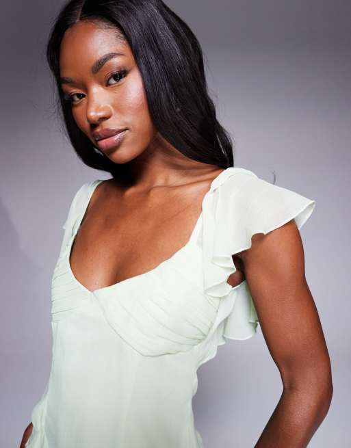 ASOS DESIGN dropped waist full skirt mini dress in sage green, 4 of 4