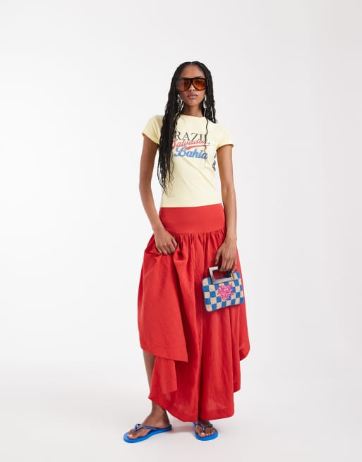ASOS DESIGN dropped waist hitched asymmetric skirt in red, 2 of 9