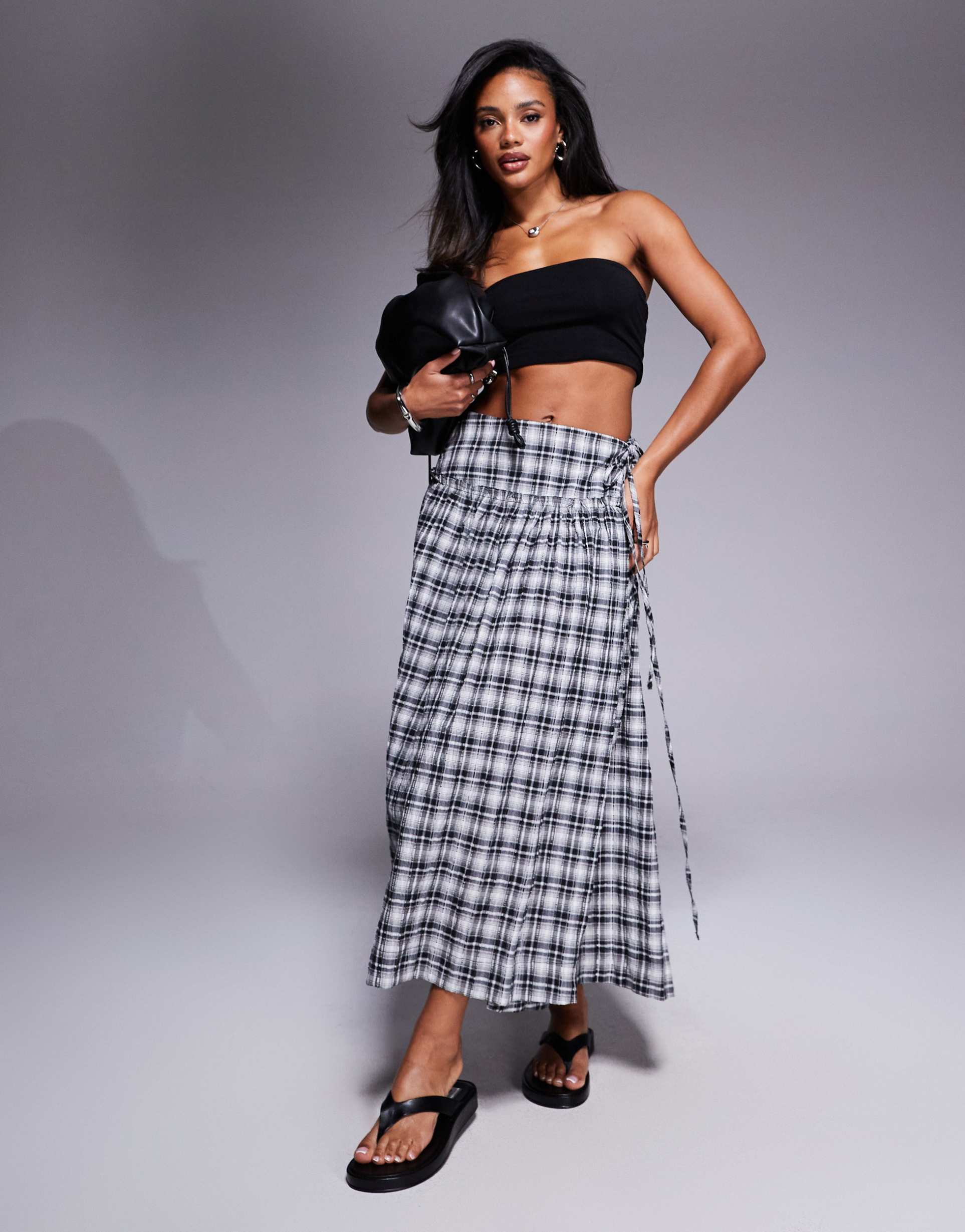 asos design dropped waist kilt mid skirt in check