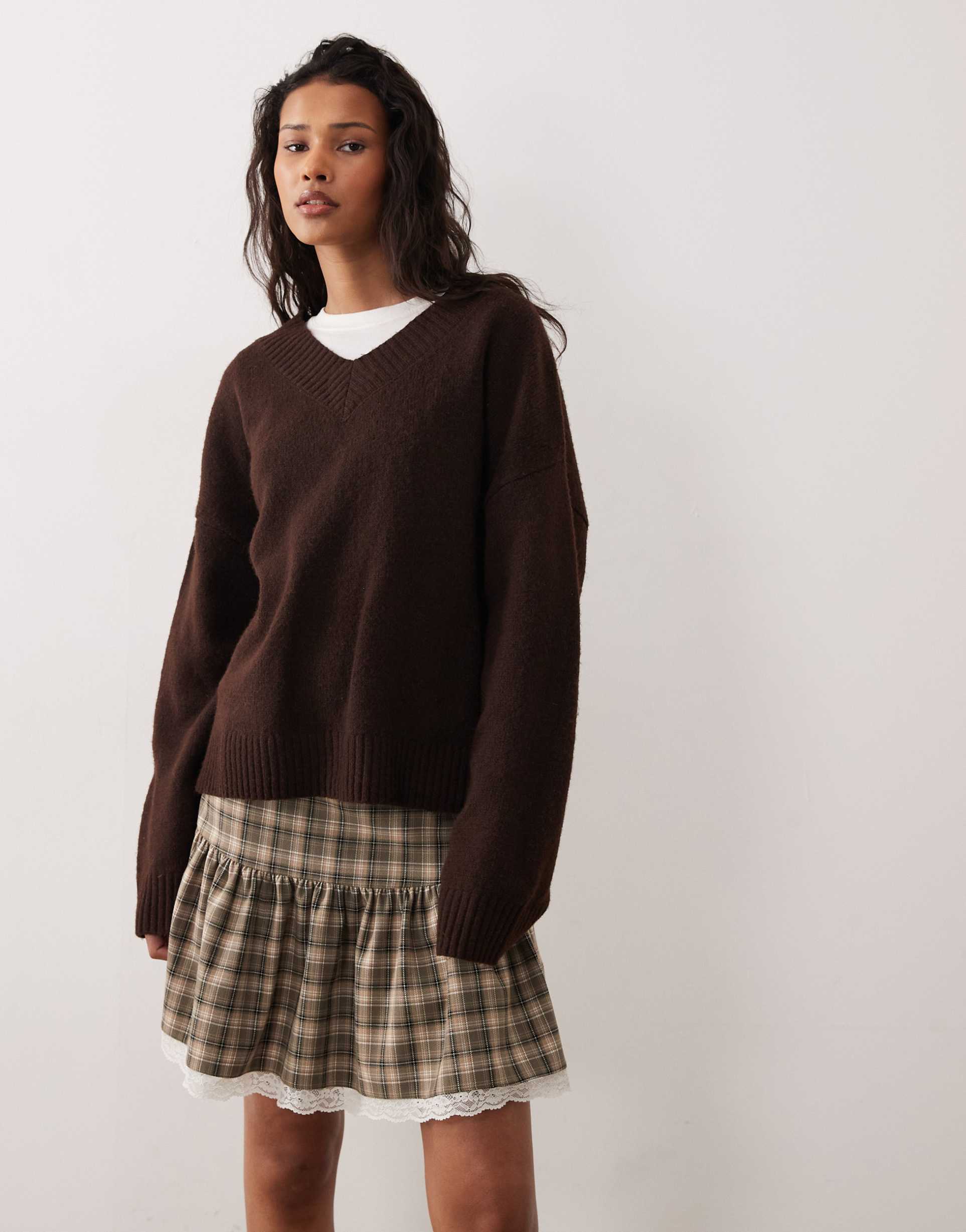 asos design dropped waist lace trim mini skirt in plaid