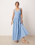 [ASOS DESIGN] ASOS DESIGN dropped waist linen blend midaxi dress with wrap bodice in sky blue 14 Sky Blue