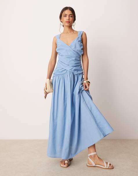ASOS DESIGN dropped waist linen look midaxi sundress with wrap bodice in sky blue - view 1
