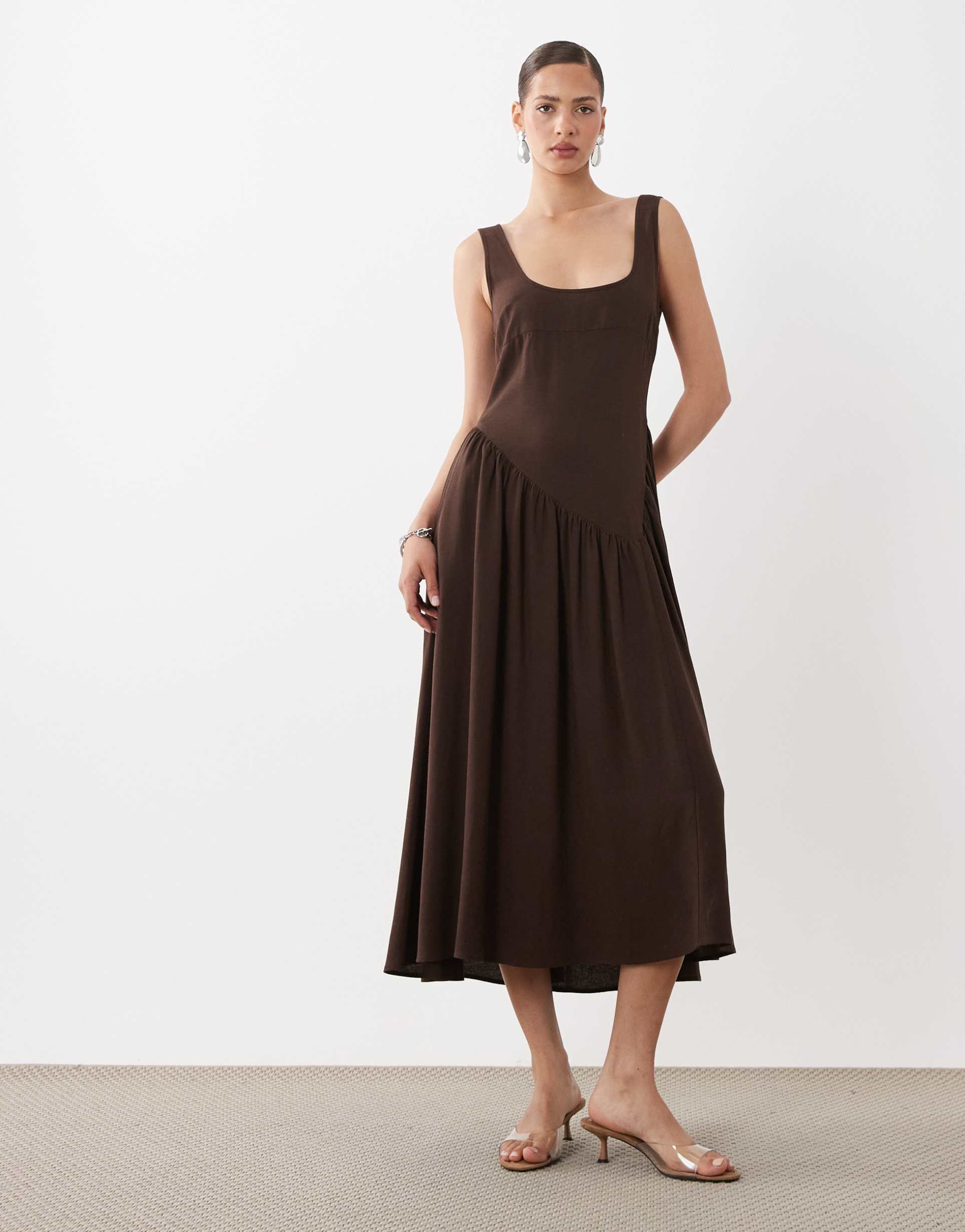 asos design dropped waist linen mix maxi dress in chocolate