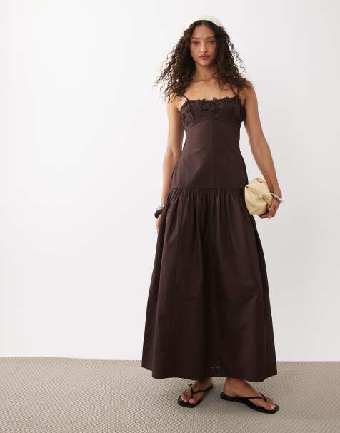 ASOS DESIGN dropped waist maxi dress with floral cornelli in bitter chocolate - view 1
