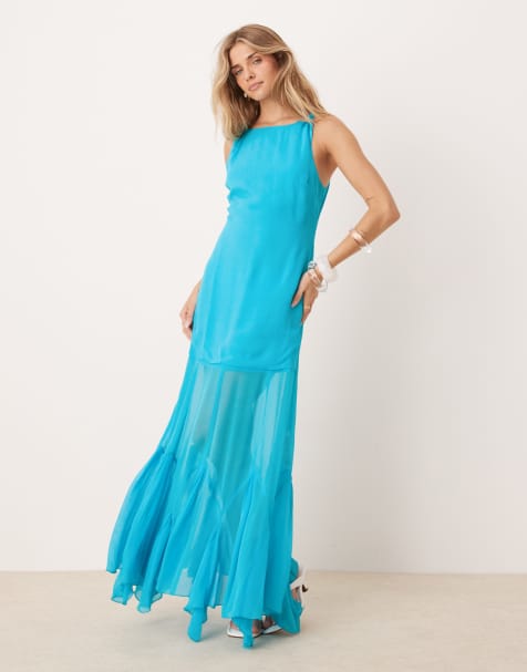 ASOS DESIGN dropped waist maxi dress with full godet hem in aqua blue - view 1