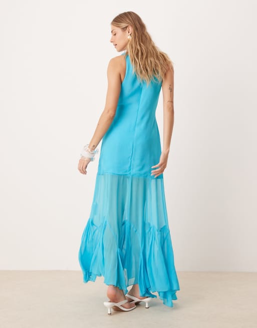 ASOS DESIGN dropped waist maxi dress with full godet hem in aqua blue