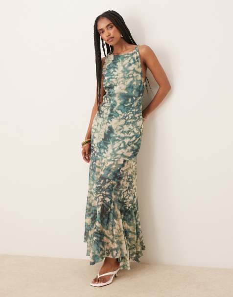 ASOS DESIGN dropped waist maxi dress with full godet hem in blurred print - view 1