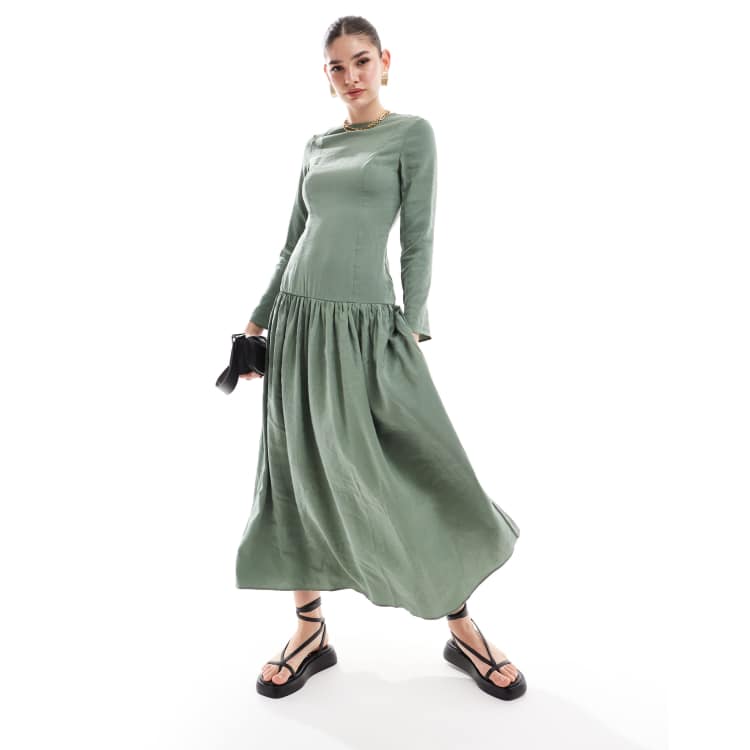 ASOS DESIGN dropped waist maxi dress with long sleeves in khaki | ASOS