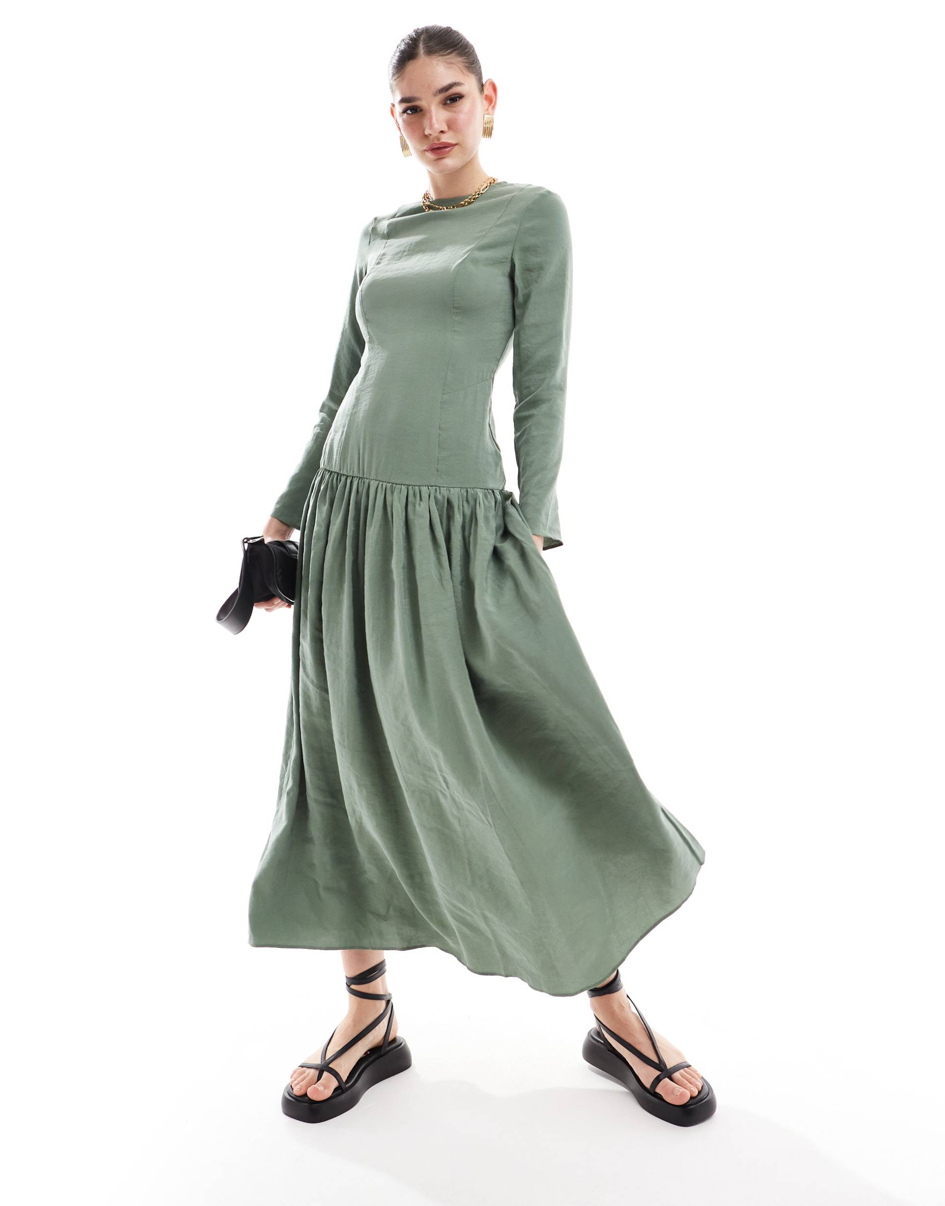 asos design dropped waist maxi dress with long sleeves in khaki