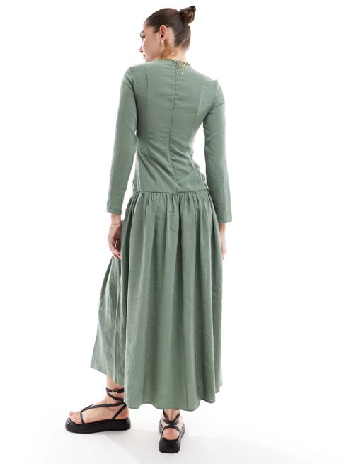 ASOS DESIGN dropped waist maxi dress with long sleeves in khaki