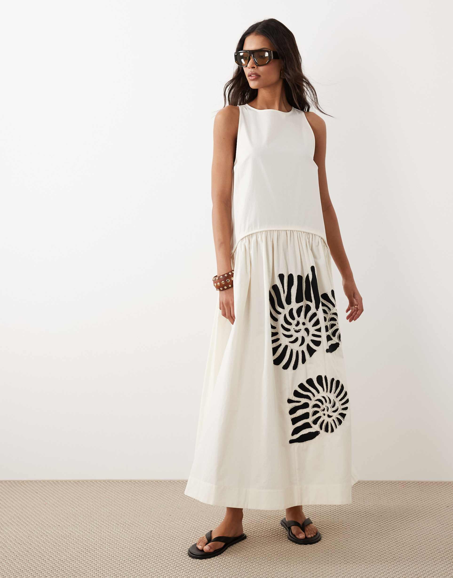 asos design dropped waist maxi dress with natural shell embroidery in neutral