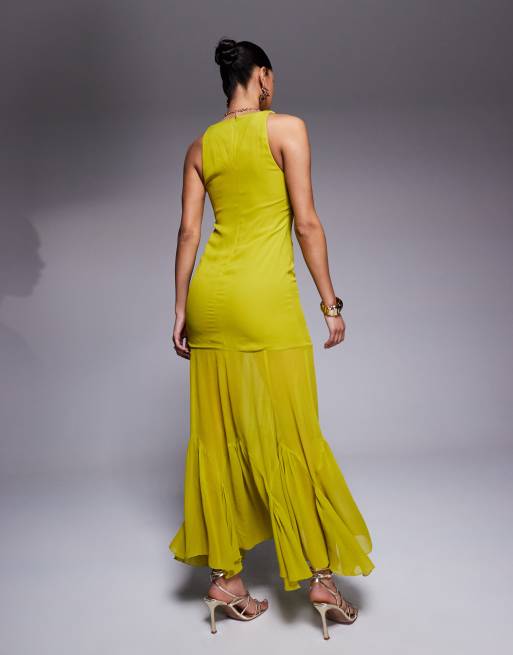 ASOS DESIGN - Robe longue à taille tombante avec jupe à godets - Citron vert