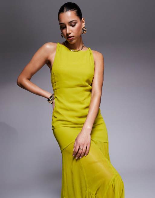 ASOS DESIGN - Robe longue à taille tombante avec jupe à godets - Citron vert