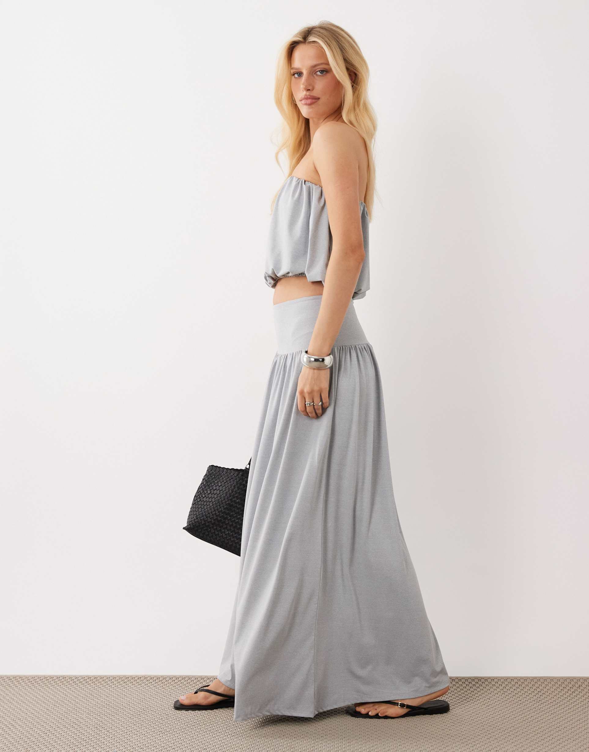 asos design dropped waist maxi skirt with slit detail in heather gray - part of a set