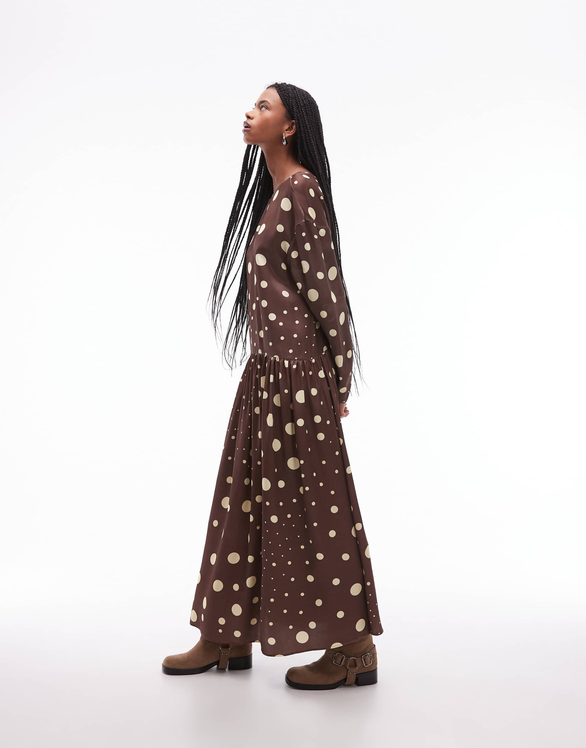 asos design dropped waist maxi smock dress in chocolate polka dots