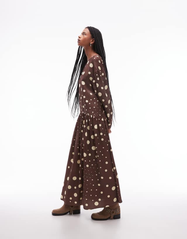 ASOS DESIGN dropped waist maxi smock dress in chocolate polka dots