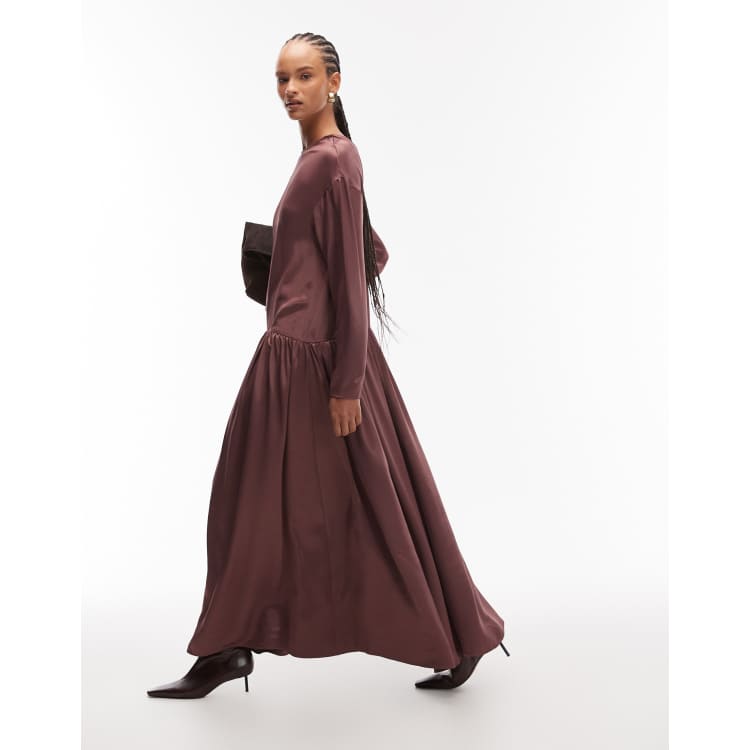burgundy smock dress ASOS Design Dropped Waist Maxi Smock Dress in deep burgundy-Red