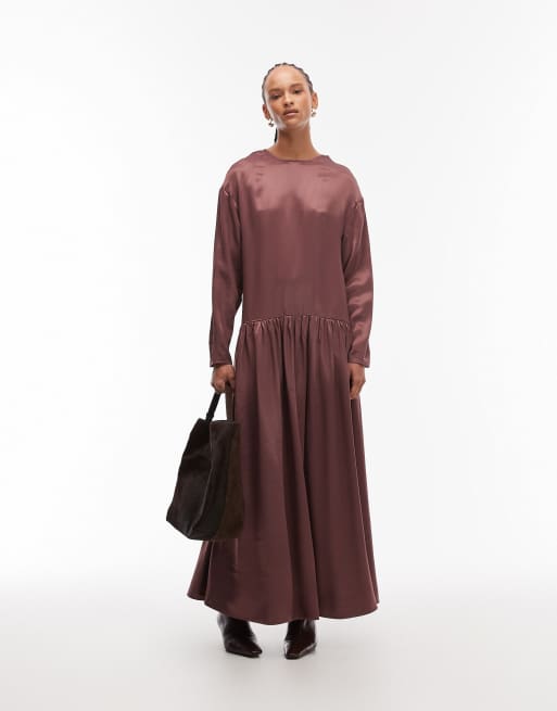 ASOS DESIGN dropped waist maxi smock dress in deep burgundy, 2 of 4