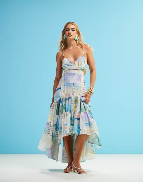 ASOS DESIGN dropped waist maxi with high low hem in washed postcard print - view 1