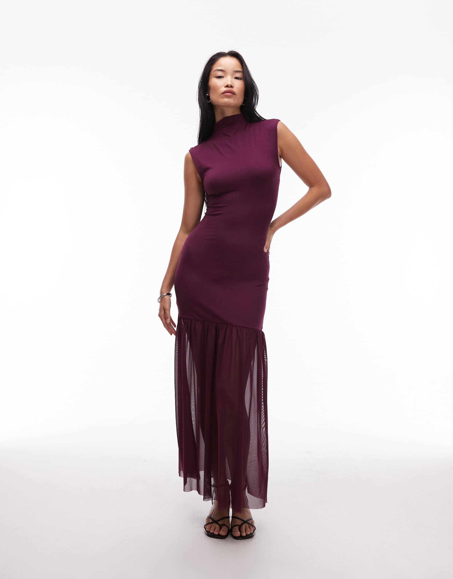 asos design dropped waist mesh maxi dress with grown on neck in fig