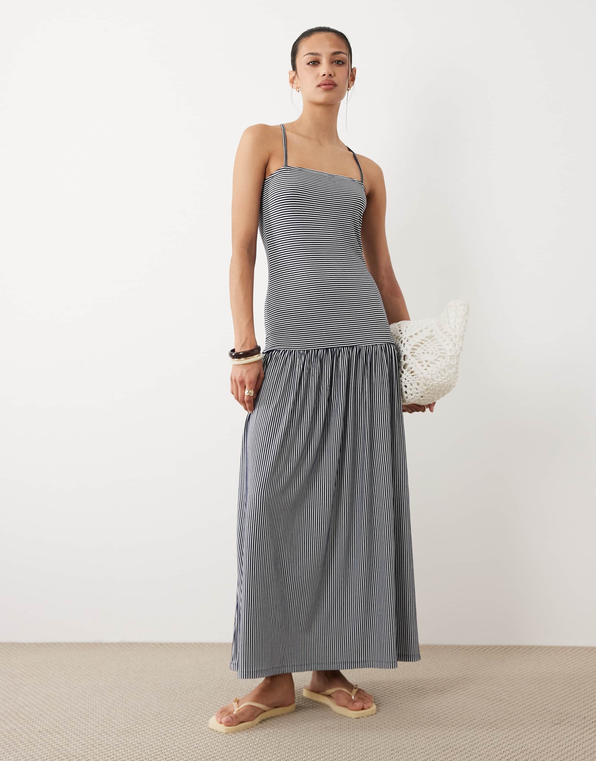 asos design dropped waist midaxi dress in navy & white stripe