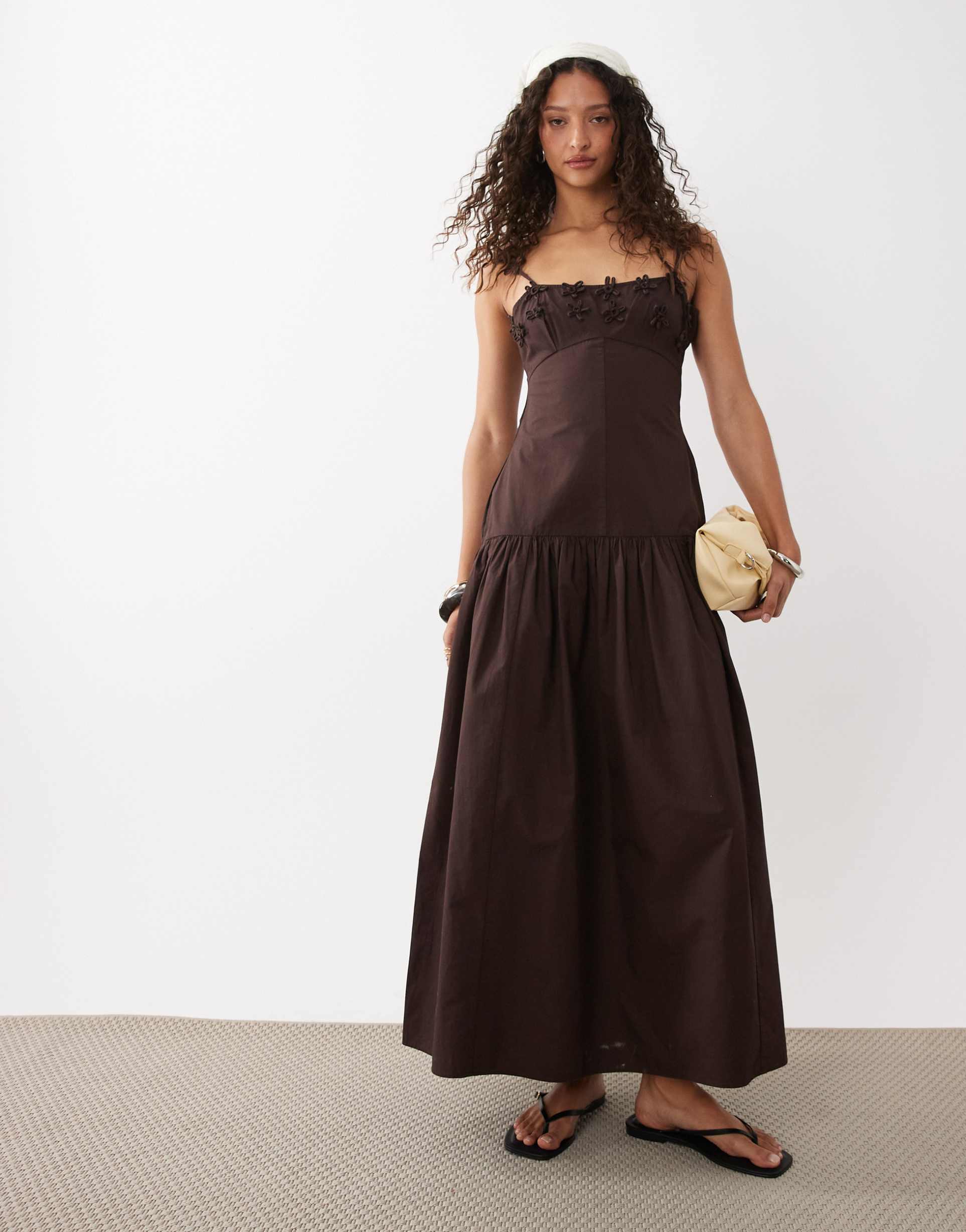 asos design dropped waist midaxi dress with floral cornelli embroidery in dark chocolate
